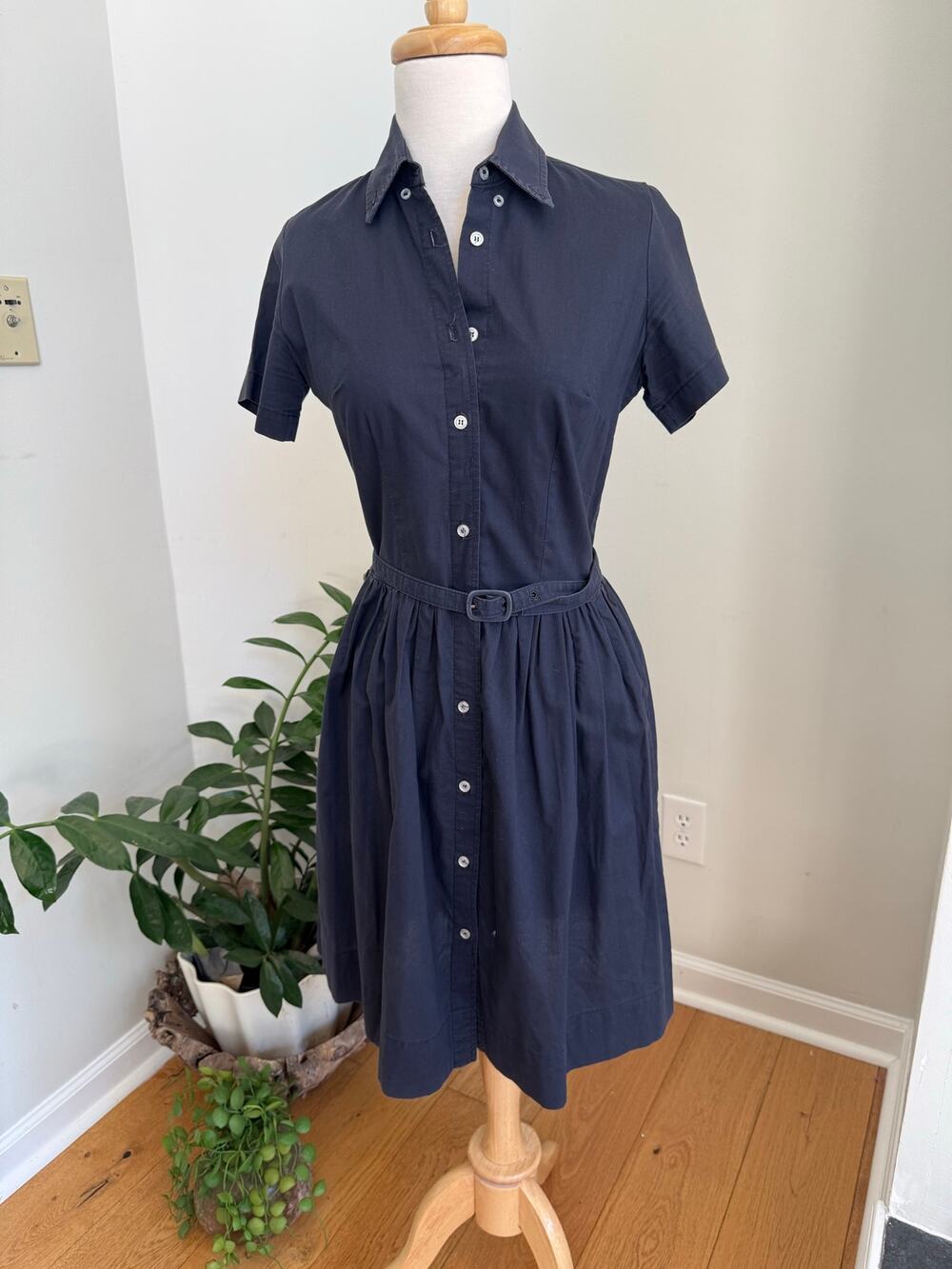 Vintage IVY Girl Navy Blue Cotton Shirt Dress Made in USA Size M / Fits S